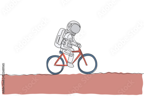 One single line drawing of spaceman astronaut riding bicycle on moon surface, cosmic galaxy vector illustration. Healthy space cosmonaut lifestyle sport concept. Modern continuous line draw design