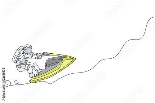 Single continuous line drawing of astronaut using jetski on moon surface, outer deep space. Space astronomy galaxy sport concept. Trendy one line draw graphic design vector illustration