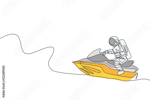 Single continuous line drawing of astronaut exercise jetski on moon surface, outer deep space. Space astronomy galaxy sport concept. Trendy one line draw graphic design vector illustration
