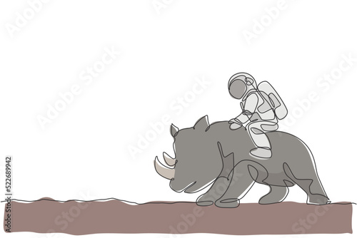 One continuous line drawing of spaceman take a walk riding a rhinoceros, wild animal in moon surface. Deep space safari journey concept. Dynamic single line draw graphic design vector illustration