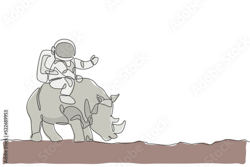 One single line drawing of astronaut riding rhinoceros, wild animal in moon surface vector illustration. Cosmonaut safari journey concept. Modern continuous line draw graphic design
