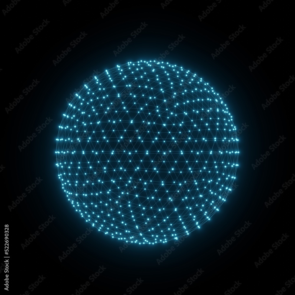 concept of the molecule or atom geometric sphere polygon wireframe light hologram plexus isolated on black background. nano 3d illustration
