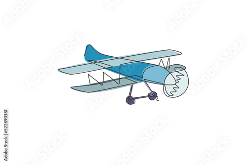 Single continuous line drawing of retro biplane flying on the sky. Airplane vehicle for war concept. Trendy one line draw design vector graphic illustration