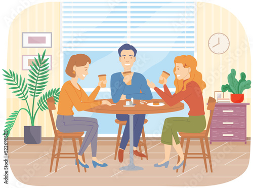 Group of friends sitting in cafe drink tea or coffee. People spend time in cafeteria together. Cartoon characters relax and communicate near food and drink icons. Friendship and joint pastime concept.