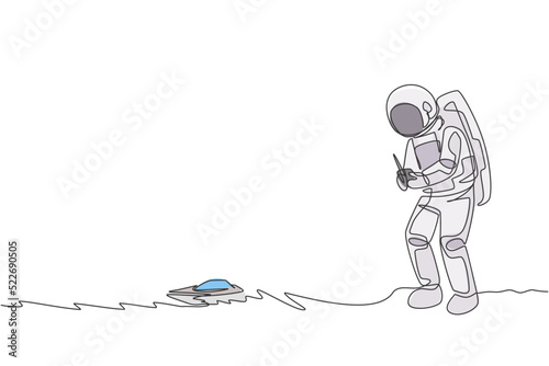 One continuous line drawing of astronaut playing speed boat radio control in moon cosmic galaxy. Outer space hobby and lifestyle concept. Dynamic single line draw design vector graphic illustration