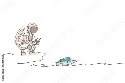 One single line drawing of astronaut playing speed boat radio control in moon land graphic vector illustration. Doing hobby while leisure time in deep space concept. Modern continuous line draw design