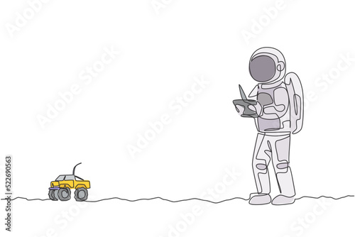 Single continuous line drawing astronaut playing monster truck radio control in moon surface. Having fun in leisure time on outer space concept. Trendy one line draw graphic design vector illustration