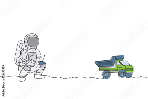 One single line drawing of astronaut playing dump truck radio control in moon land graphic vector illustration. Doing hobby while leisure time in deep space concept. Modern continuous line draw design
