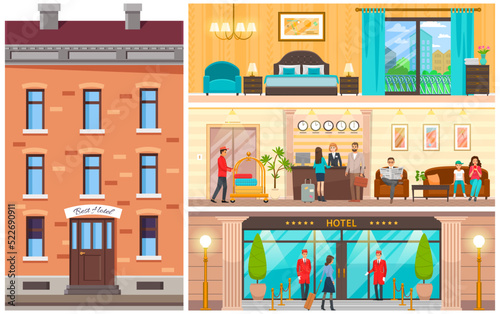 Set of luxury hotel daily life scenes. Deluxe entrance, reception, comfortable bedroom, living room. Rooms for rest and registration. Staff and visitors of expensive hotel vector illustration
