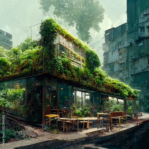 The ruined and desolate interior of the lobby of an old house, overgrown with plants. Nature and overgrown architecture. A post-apocalyptic concept. 3D rendering. photo