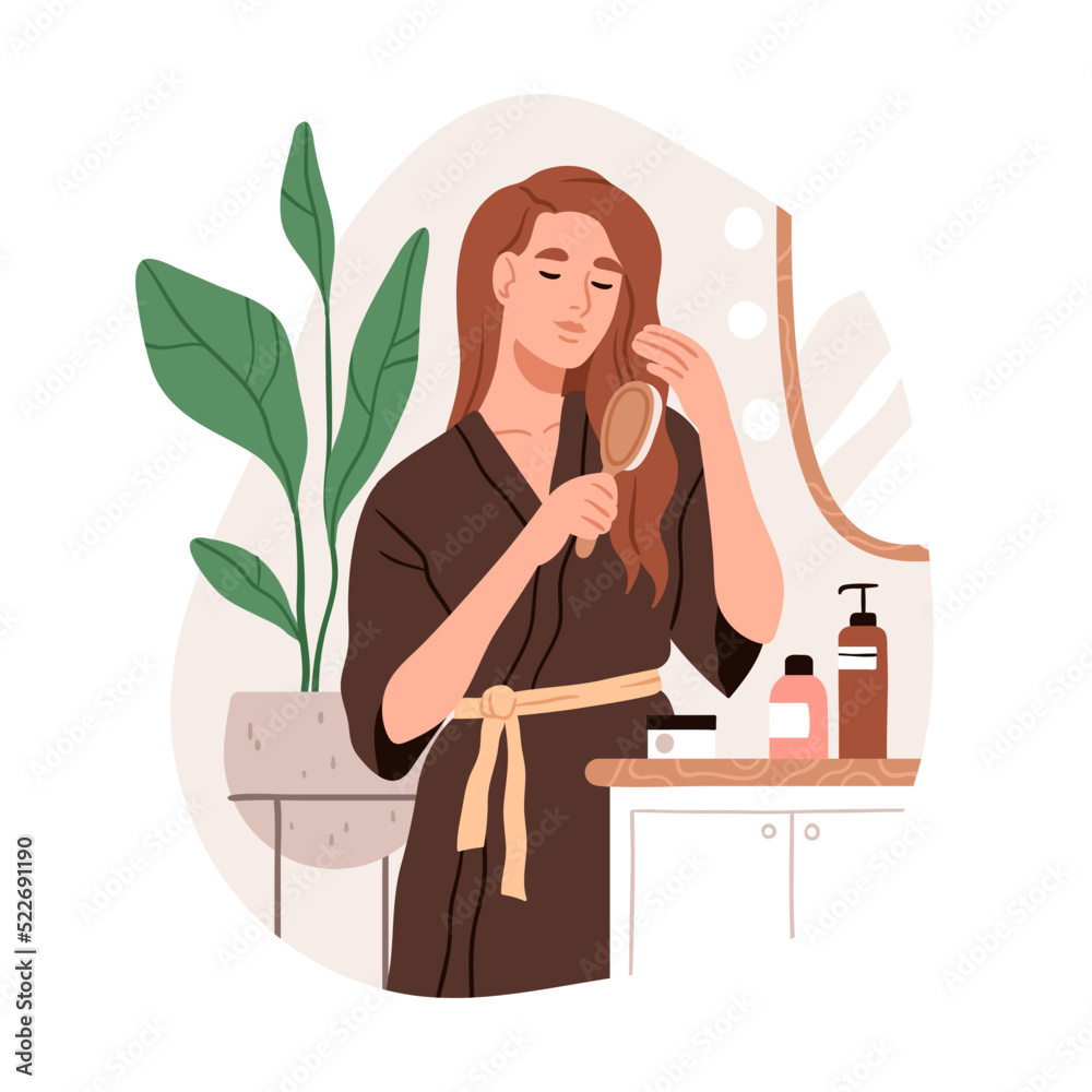 Woman brushing, styling clean long hair with comb. Young girl during grooming, caring of hairstyle at home bathroom. Morning beauty routine. Flat vector illustration isolated on white background Woman brushing, styling clean long hair with comb. Young girl during grooming, caring of hairstyle at home bathroom. Morning beauty routine. Flat vector illustration isolated on white background