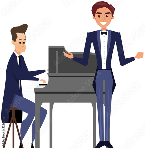 Academic concert musicians man at piano and singer in tuxedo perform on stage isolated on white. Pianist playing piano with passion, tenor sings an opera for audience, classical orchestra members