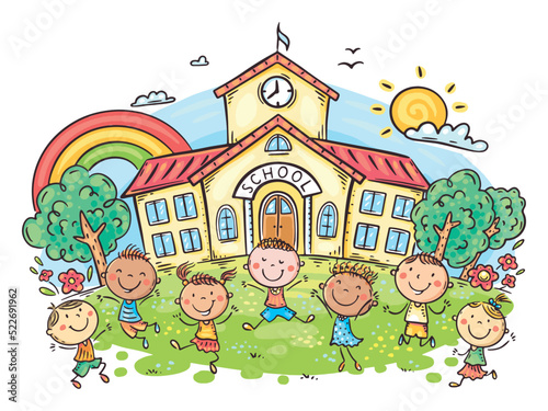Happy cartoon children playing in front of school building, back to school clipart