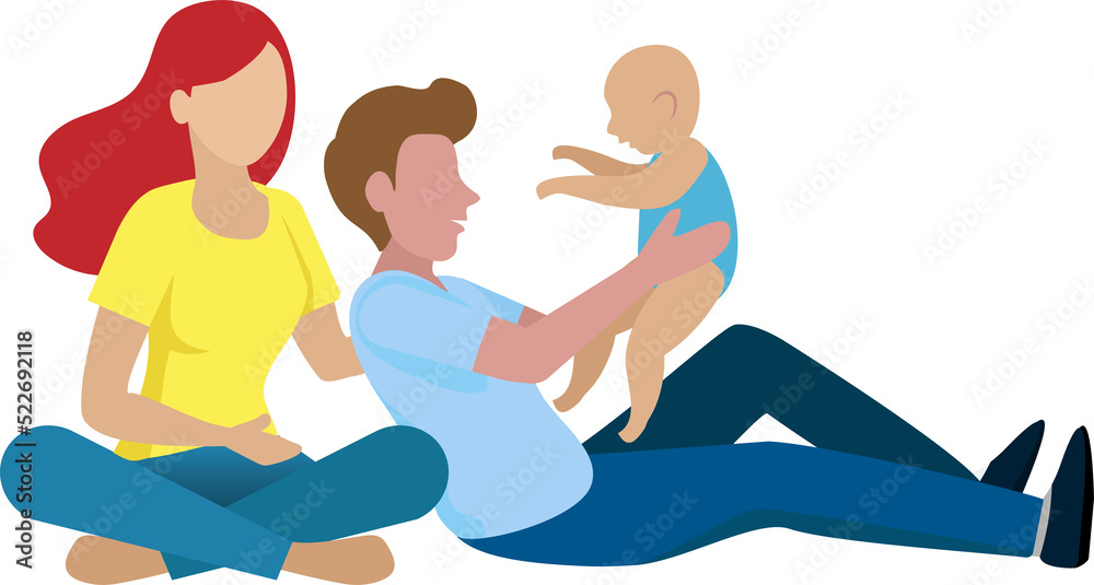 Happy family. Father hold baby in arm with mother sit aside.