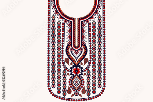 Vector ethnic neck embroidery floral paisley pattern on white color background. Elegant tribal art shirts fashion.