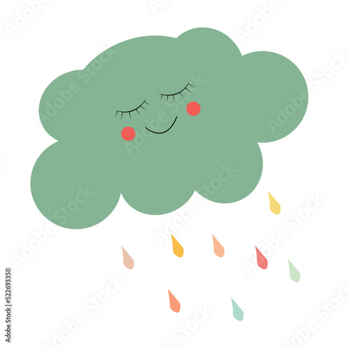 Cute Happy Cloud with Rain Drops, Print or Icon Vector