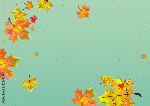 Orange Leaves Background Green Vector. Floral Canadian Template. Red Down Leaf. Decor Foliage Frame.