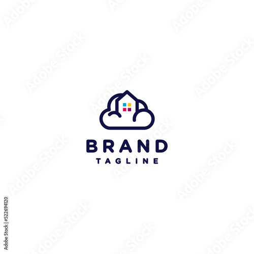 Playful Cozy Home Standing Above the Clouds Logo Design. House abode The Clouds Logo Design.