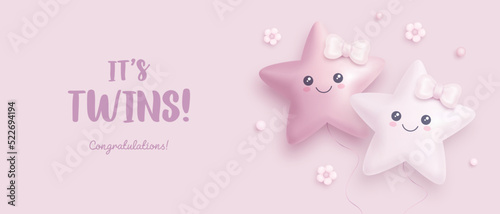 Baby shower horzontal banner or invitation with cartoon helium balloons and flowers on pink background. It's twins. Vector illustration