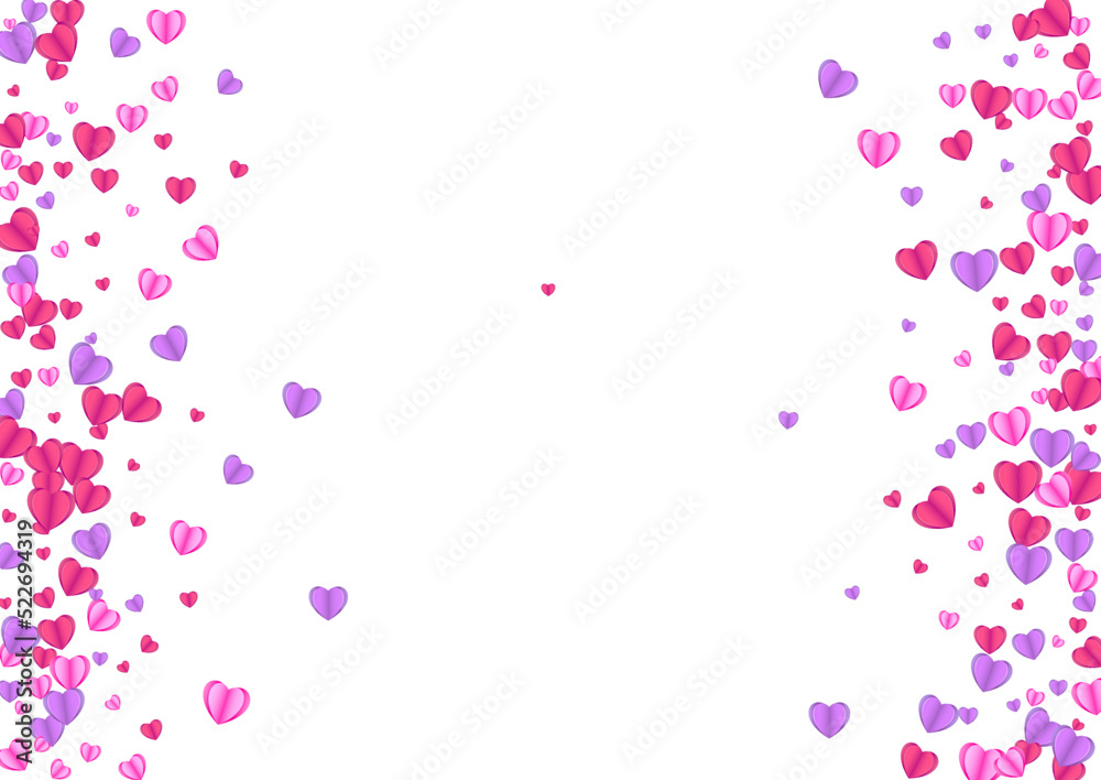 Tender Confetti Background White Vector. Anniversary Illustration Heart. Pink Congratulation Frame. Violet Heart Romantic Pattern. Fond Falling Backdrop.
