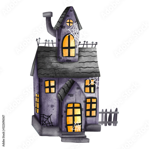 Haunted House. Halloween Castle Watercolor. Ghost House Halloween.