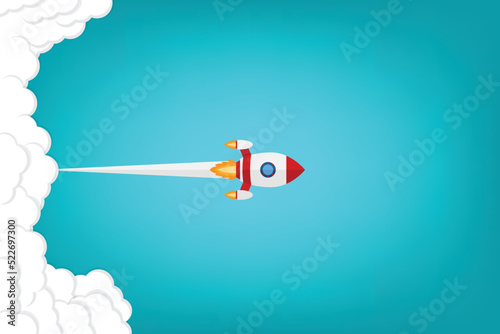 App launch. Startup vector concept, flat cartoon rocket or rocketship launch, mobile phone or smartphone, idea of successful business project start up, boost technology, innovation. 