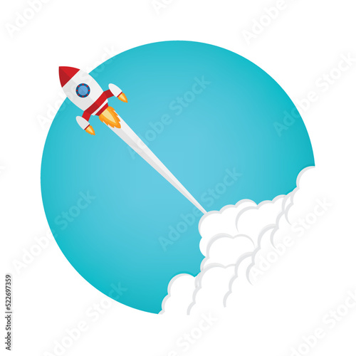 App launch. Startup vector concept, flat cartoon rocket or rocketship launch, mobile phone or smartphone, idea of successful business project start up, boost technology, innovation. 