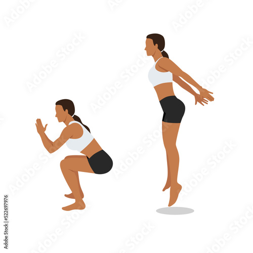 Woman doing jump squat exercise. Flat vector illustration isolated on white background