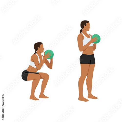 Woman doing Medicine ball squat exercise. Flat vector illustration isolated on white background