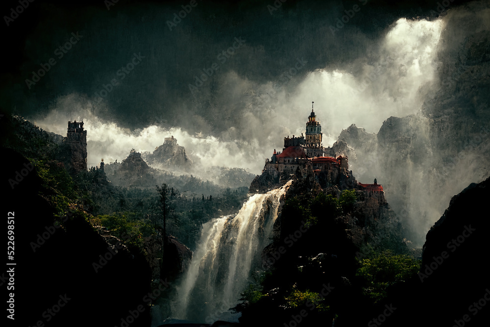 Dark fantasy painting of a castle on top of a mountain above a ...