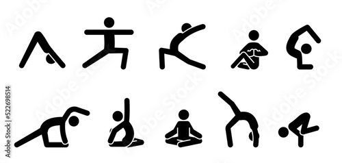Yoga pictogram icon people. Yoga pose, meditate practice, sport exercise pictogram man set. Health, meditate symbol. Vector illustration.