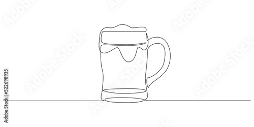 Continuous one line drawing of beer glass with foam. Craft drink alcohol ale in simple linear style for bar and pub concept for menu. Editable stroke. Doodle Vector illustration