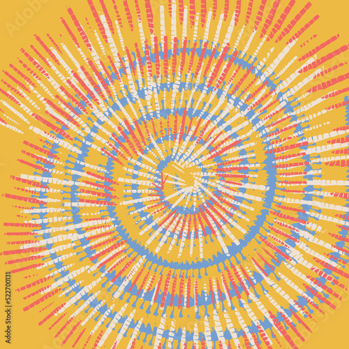 Abstract festive colorful 70s style vintage background. Bright rainbow Tie Dye pattern, hand drawn vector illustration. Crazy hippie textile spiral swirl paint.
