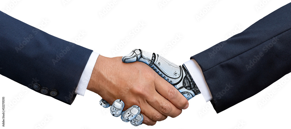 Business Human and Robot hands in handshake. Stock Photo | Adobe Stock