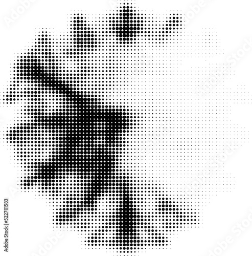 Tripartite ornament,  whitened, lightened on the top right dotted or polka dot halftone mandala. Contour of dots, polka dots, blots, spots, slicks, strokes. Vector.