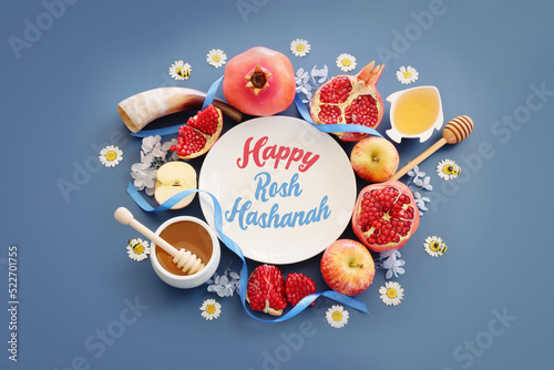 Rosh hashanah (jewish New Year holiday) concept. Traditional symbols