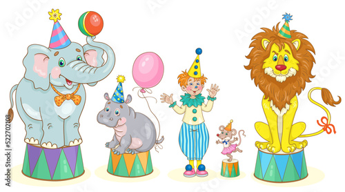 Funny circus animals and clown boy. Elephant, hippopotamus, mouse and lion are on the pedestals. In cartoon style. Isolated on white background. Vector illustration