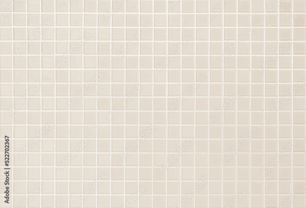 Cream light ceramic wall chequered and floor tiles mosaic background in bathroom. - obrazy, fototapety, plakaty 