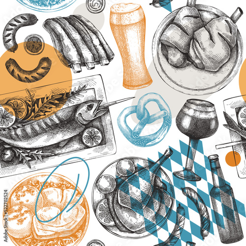 Oktoberfest background. German cuisine menu design. Pretzel, beer, roast pork, ham hocks, sausages, ribs, grilled fish on table. Grilled meat seamless pattern. Beer festival backdrop in collage style