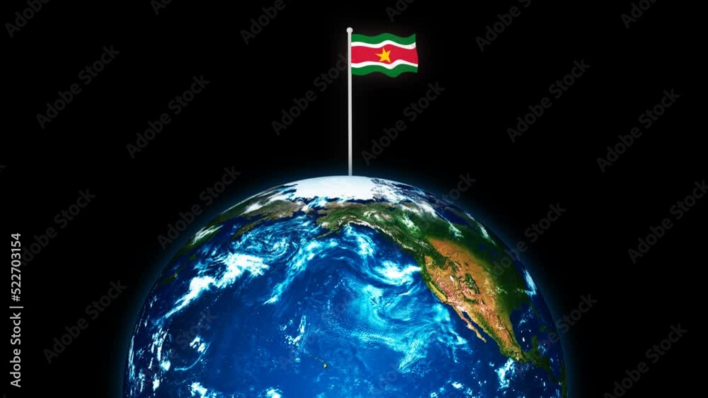 3d rotated planet earth on flying Suriname flag animation