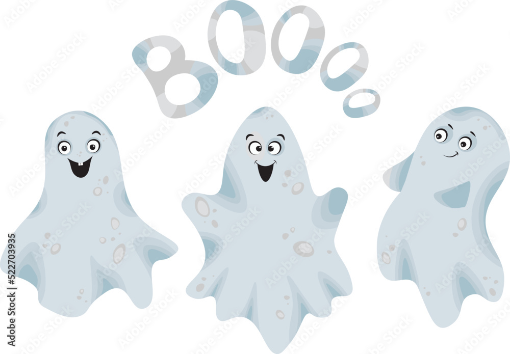 Vector illustration of three flying white ghosts and inscription Boo. Children cartoon style. Poster or postcard design. Vector illustration of three flying white ghosts and inscription Boo. Children cartoon style. Poster or postcard design.
