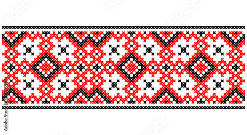 Seamless traditional Ukraine pattern Slavic ornament embroidered cross-stitch. Red black and white.