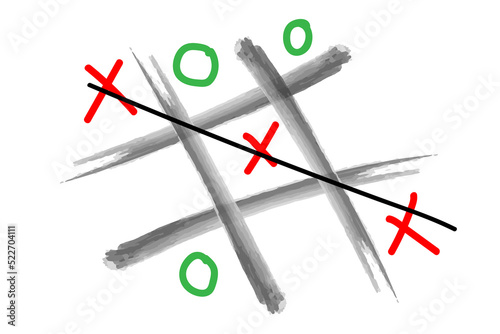 Tic Tac Toe Game background design, also known as X O puzzle using red, green, gray & white colors. Used to express intelligence, problem solving strategy, planning & mind thinking concepts.
