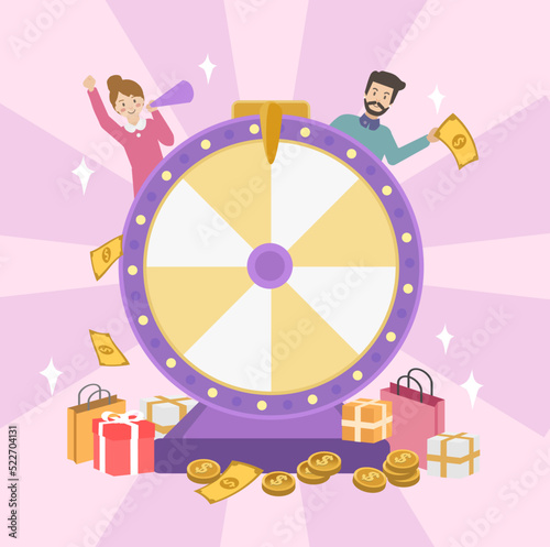 Lucky people winning prize draw near fortune wheel. Cartoon vector illustration. Happy winners with gift boxes, balls and jackpot on giant raffle drum. Lottery, prize, luck, marketing concept