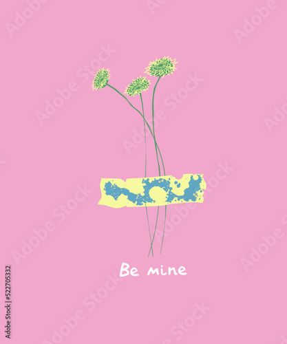 cute Greeting card with hand drawn flowers and washi tape on pink background