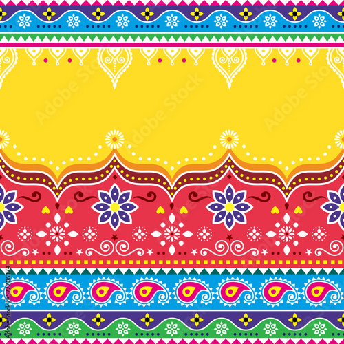 Indian and Pakistani truck art vector design with empty space for text, Jingle trucks seamless textile or greeting card pattern

