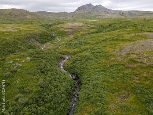 Drone view at Svartifoss waterfall on Skaftafell national park  Iceland