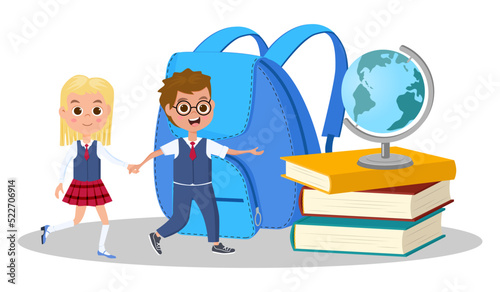 Children are rushing to school .Children on the background of textbooks briefcase and globe.Vector illustration.