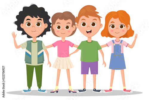 Happy funny and cute boys and girls are standing and hugging.Flat vector illustration