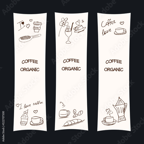 coffee is organic. A hand drawn vector banner. Coffee beans, a cup of coffee and a croissant with ice cream. The concept of love for coffee. Vector illustration in doodle style
